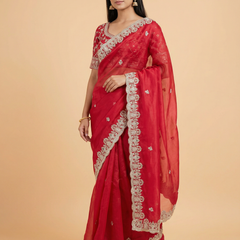 Trendy Beaded Border Designer Red Saree