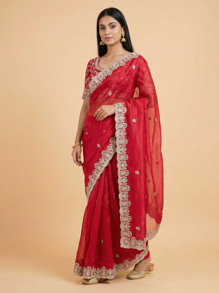 Trendy Beaded Border Designer Red Saree